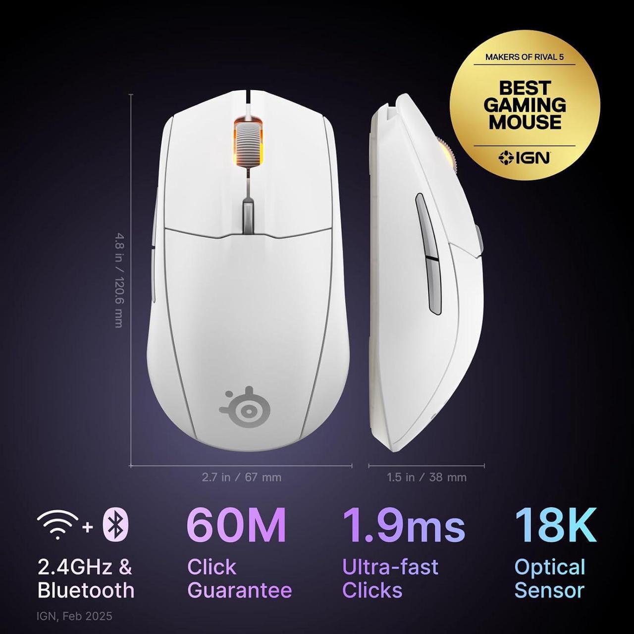 Alt view image 2 of 6 - SteelSeries Rival 3 Wireless Gen 2 Gaming Mouse — 2.4GHz and Bluetooth, 18000 DPI TrueMove Air Optical Sensor, 60 Million Click Durability, Light-Weight, 100% PTFE Feet — White