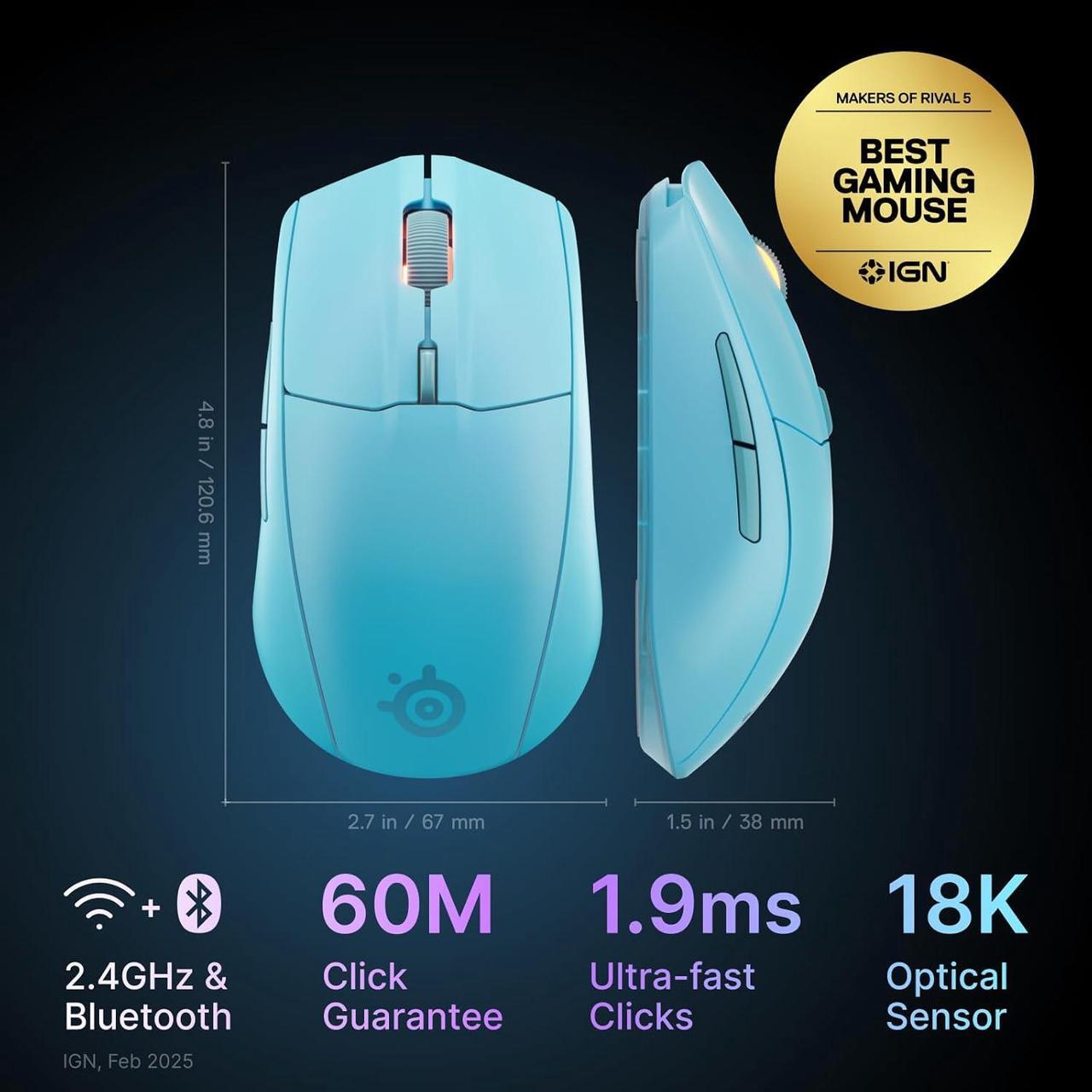 Alt view image 2 of 7 - SteelSeries Rival 3 Wireless Gen 2 Gaming Mouse — 2.4GHz and Bluetooth, 18000 DPI TrueMove Air Optical Sensor, 60 Million Click Durability, Light-Weight, 100% PTFE Feet — Aqua