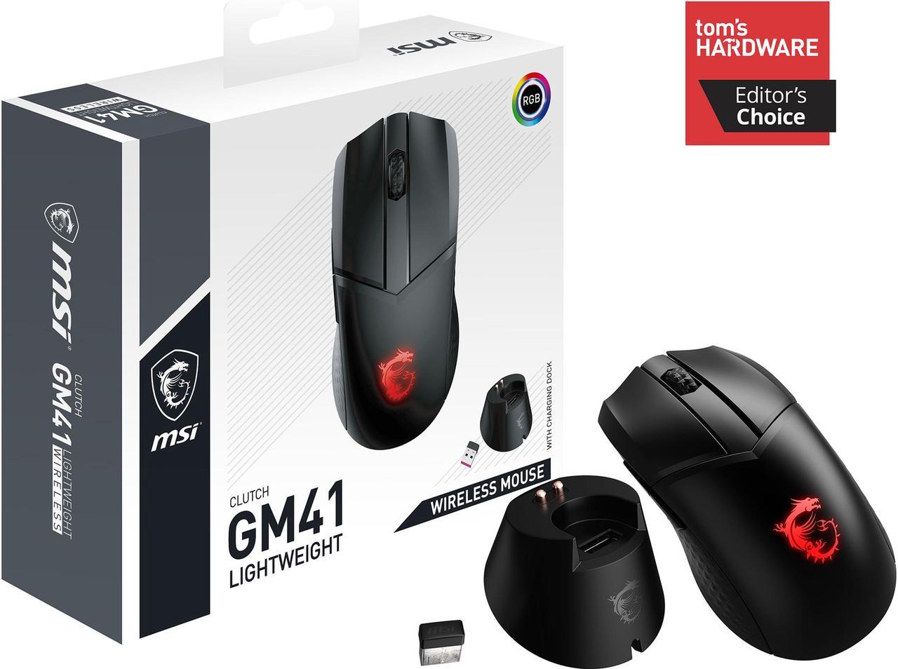 MSI Clutch GM41 Lightweight Wireless Gaming Mouse & Charging Dock, 20,000 DPI, 60M Omron Switches, Fast-Charging 80Hr Battery, RGB Mystic Light, 6 Programmable Buttons, PC/Mac