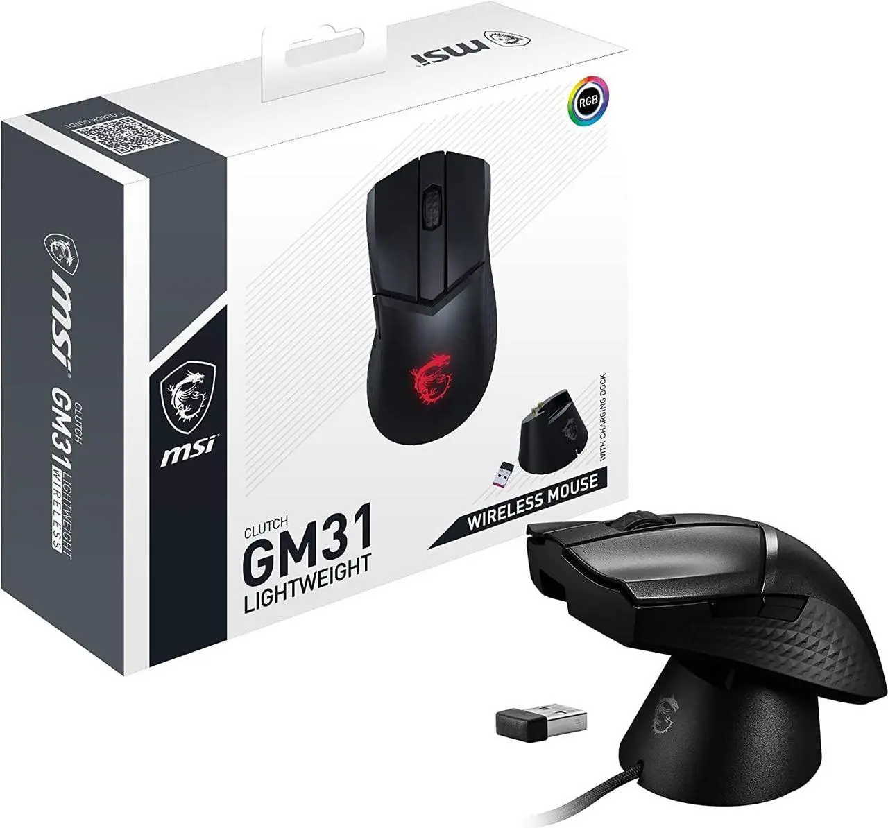 Main image of MSI Clutch GM31 Lightweight Wireless Ergonomic Gaming Mouse & Charging Dock, 12K DPI Optical Sensor, 60M Omron Switches, Fast-Charging 110Hr Battery, RGB Mystic Light, 5 Programmable Buttons, PC/Mac