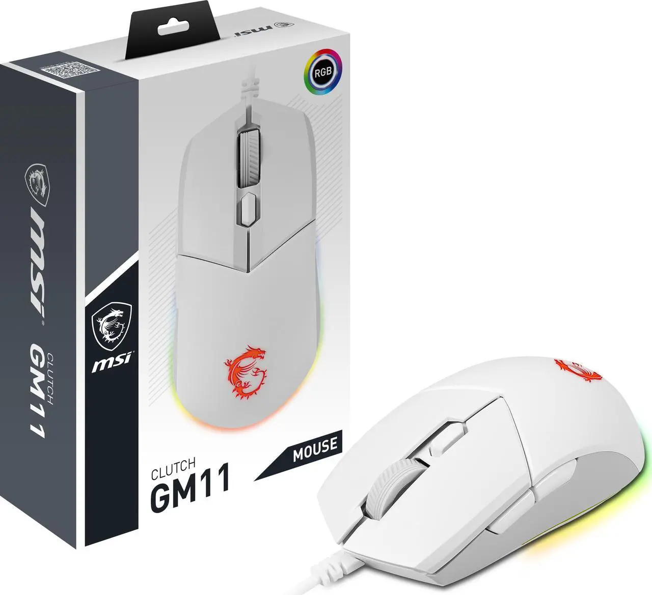 Main image of MSI Clutch GM11 White Gaming Mouse - 5000 DPI Optical Sensor, Symmetrical, 10M+ Click OMRON Switches, 6-Buttons, 1ms Latency, RGB Mystic Light, 89g - Wired