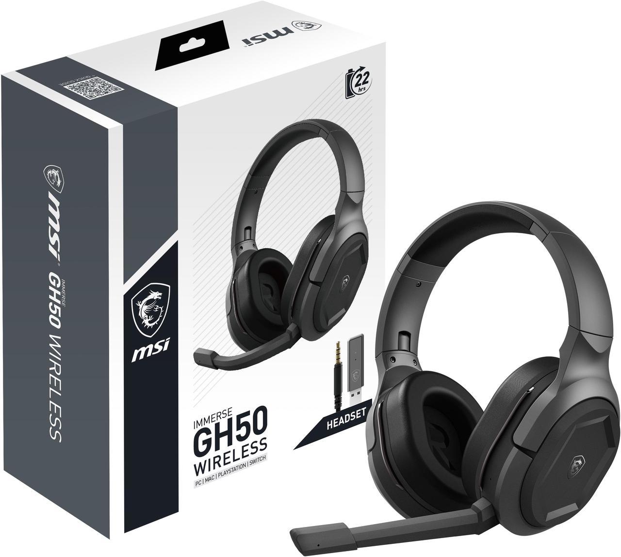 MSI Immerse GH50 Wireless Gaming Headset – 22 Hr Battery Life, 50mm Neodymium Drivers, Detachable Omnidirectional Mic, Lightweight Comfort, Cross Platform Connectivity, carrying Pouch