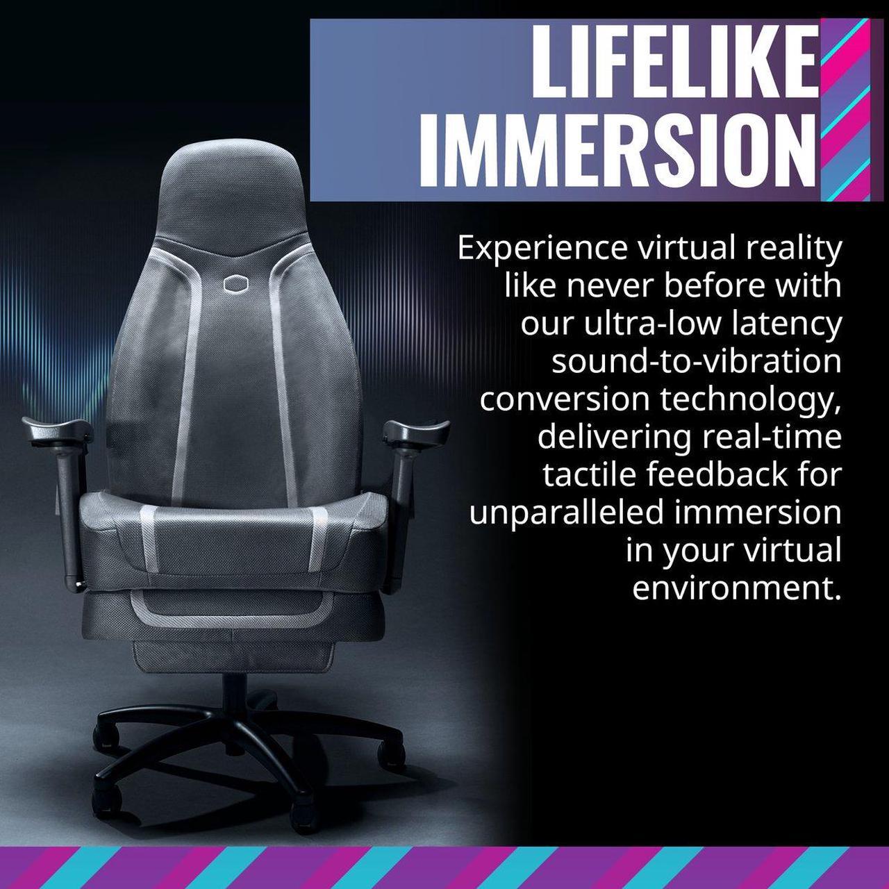 Alt view image 2 of 14 - Cooler Master Synk X Lunar Gray Ergonomic Real-Time Tactile Immersion Chair, Retractable Leg Rest, All-in-one Controller, Breathable Fabric, Stable Rolling Base, Solid Structure (IXC-SX1-I-US1)