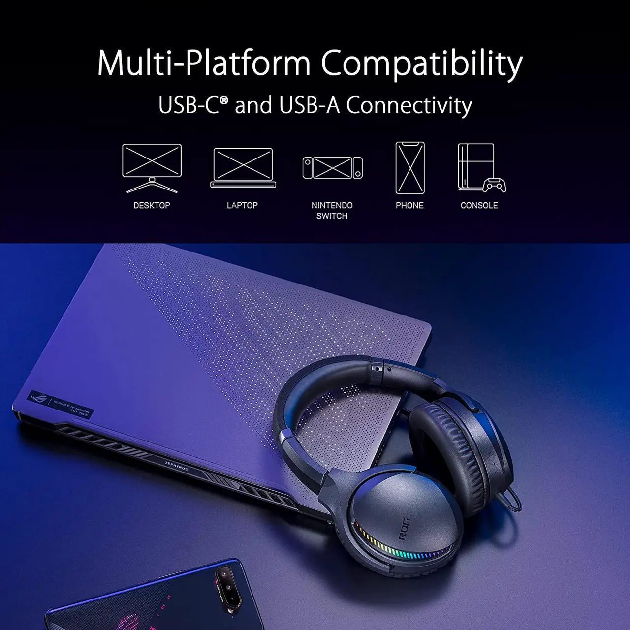 Alt view image 6 of 7 - ASUS ROG Fusion II 300 Gaming Headset (AI Beamforming Mic with Noise Canceling, 7.1 Surround Sound, 50mm Driver, Hi-Res ESS 9280 Quad DAC, USB-C, for PC, Mac, PS4, PS5, Switch)- Black