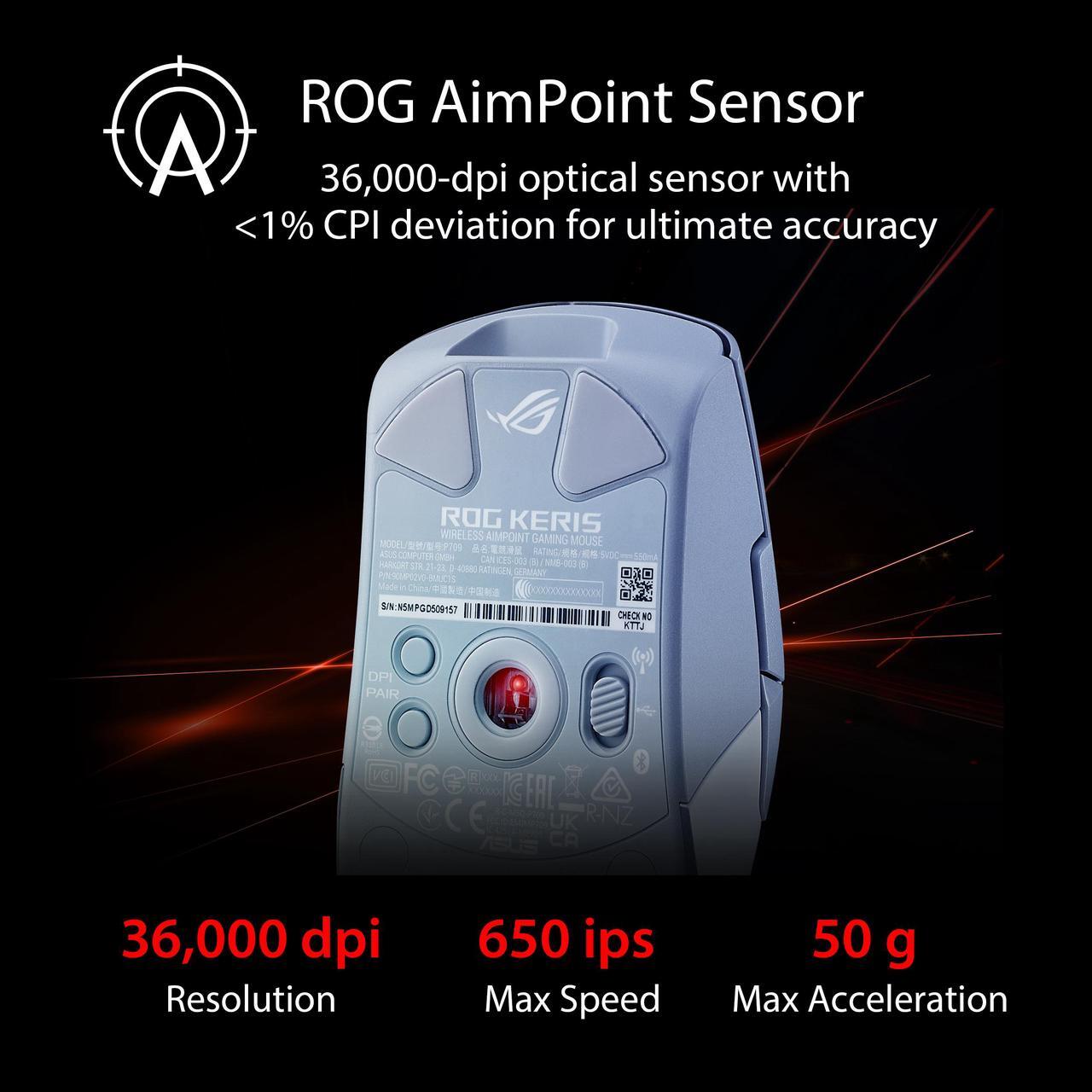Alt view image 2 of 7 - Asus ROG Keris Wireless AimPoint Gaming Mouse, Tri-mode connectivity (2.4GHz RF, Bluetooth, Wired), 36000 DPI sensor, 5 programmable buttons, ROG SpeedNova, Replaceable switches, Paracord cable, White