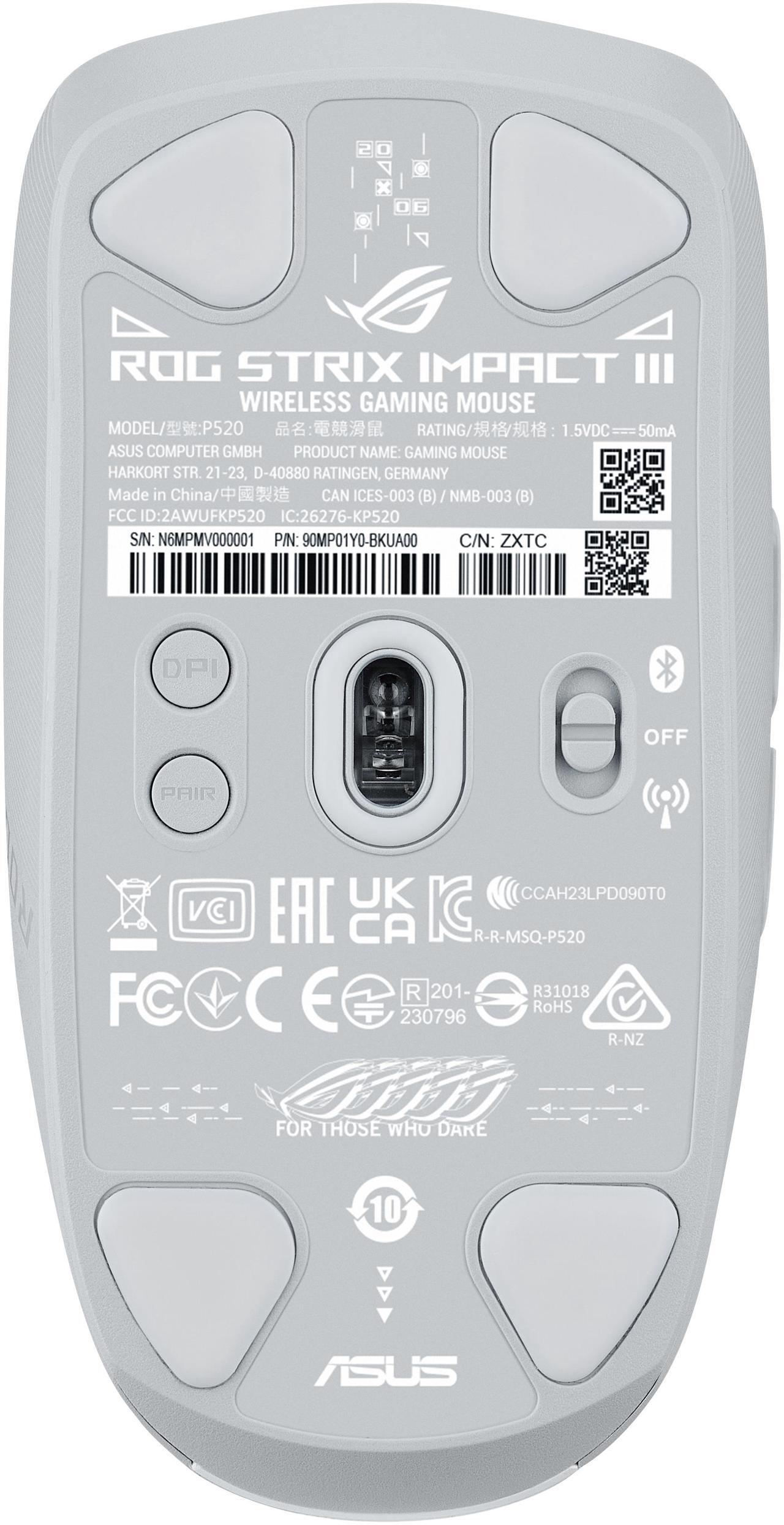 Alt view image 5 of 7 - Asus ROG Strix Impact III Wireless Gaming Mouse - 57g Lightweight, 36K DPI, Bluetooth & 2.4GHz, Up to 618hrs Battery Life, Replaceable Switches - White