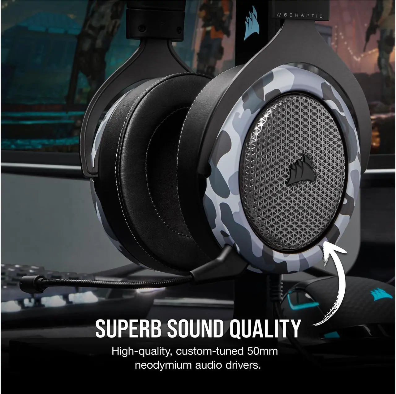 Alt view image 15 of 19 - Corsair HS60 Haptic Stereo Gaming Headset with Haptic Bass, Memory Foam Earcups, Removable Microphone, Windows Sonic Compatible, Discord-Certified for PC - Arctic Camo