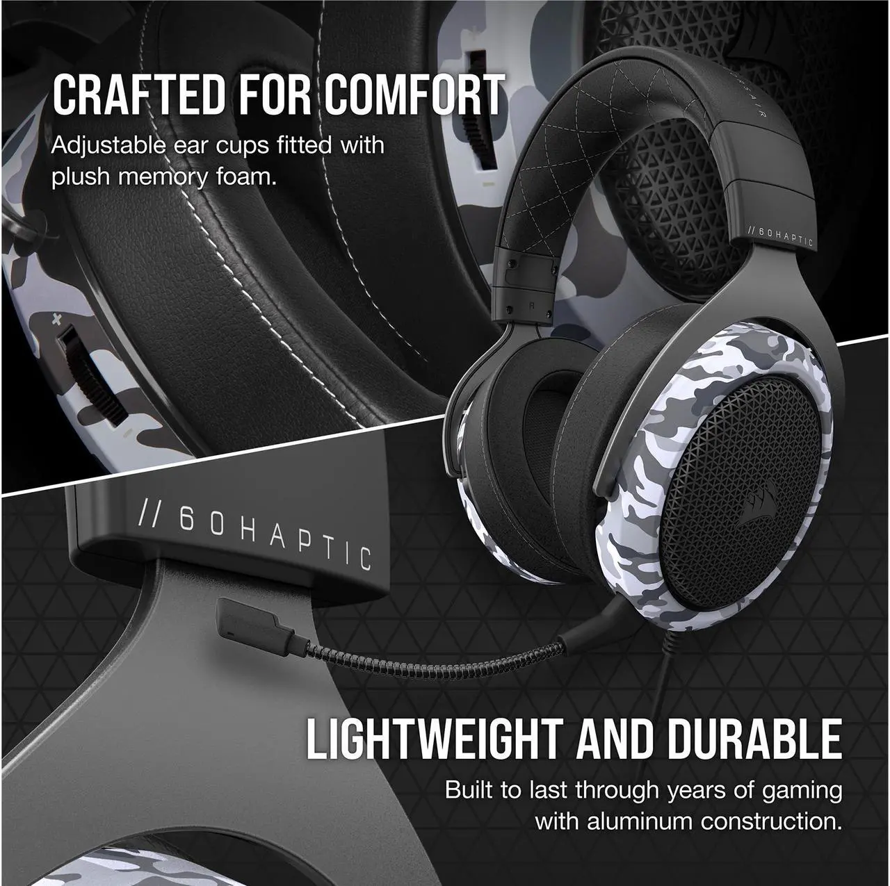 Alt view image 16 of 19 - Corsair HS60 Haptic Stereo Gaming Headset with Haptic Bass, Memory Foam Earcups, Removable Microphone, Windows Sonic Compatible, Discord-Certified for PC - Arctic Camo