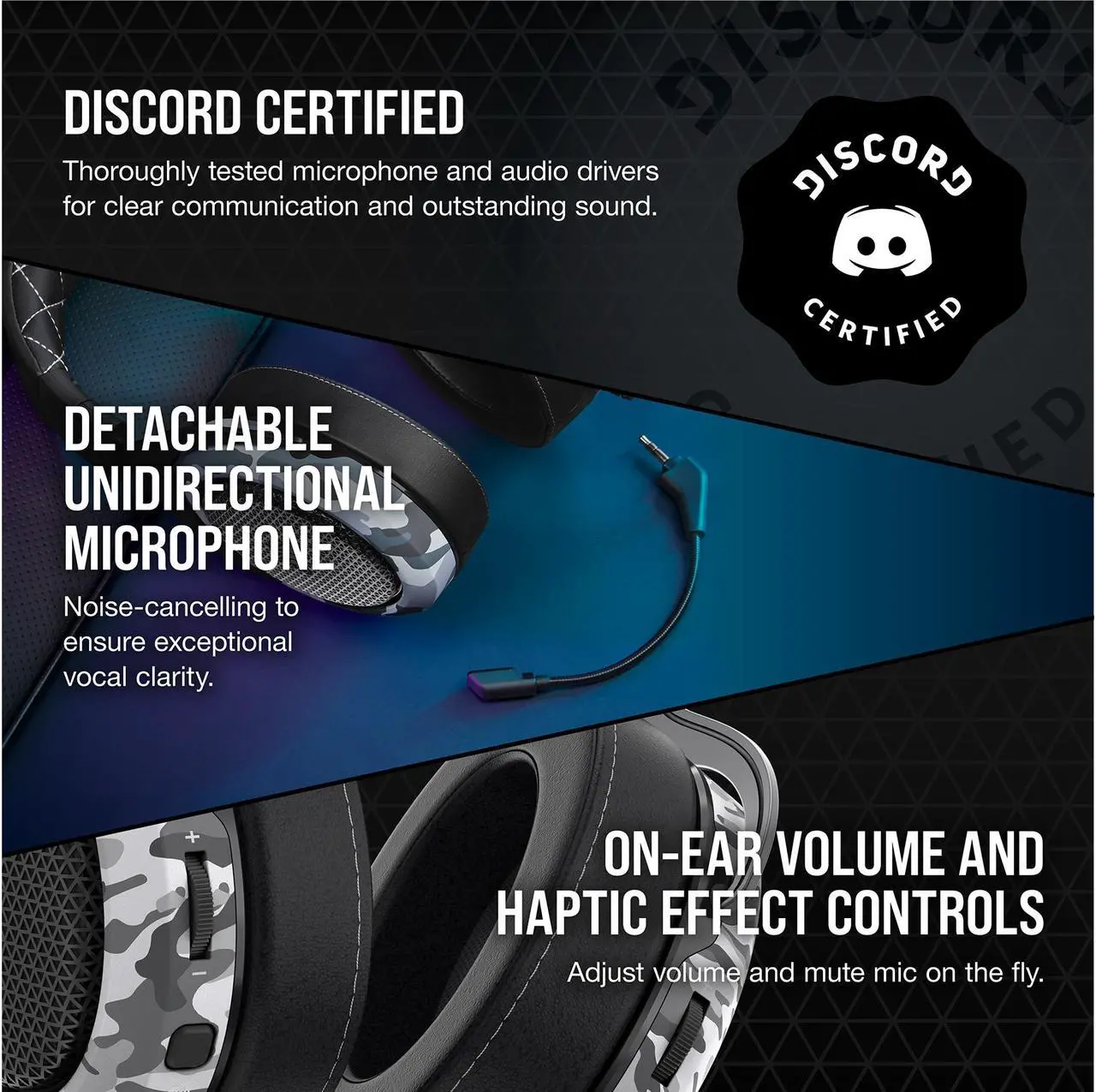 Alt view image 17 of 19 - Corsair HS60 Haptic Stereo Gaming Headset with Haptic Bass, Memory Foam Earcups, Removable Microphone, Windows Sonic Compatible, Discord-Certified for PC - Arctic Camo