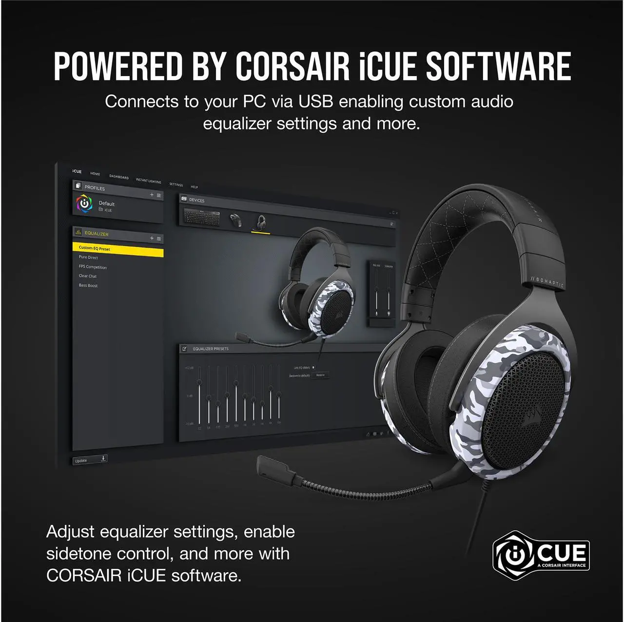 Alt view image 18 of 19 - Corsair HS60 Haptic Stereo Gaming Headset with Haptic Bass, Memory Foam Earcups, Removable Microphone, Windows Sonic Compatible, Discord-Certified for PC - Arctic Camo