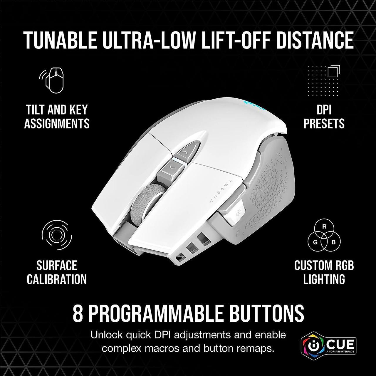 Alt view image 7 of 8 - CORSAIR M65 RGB ULTRA WIRELESS Gaming Mouse, Backlit RGB LED, Optical, Tunable FPS, White (CH-9319511-NA2)