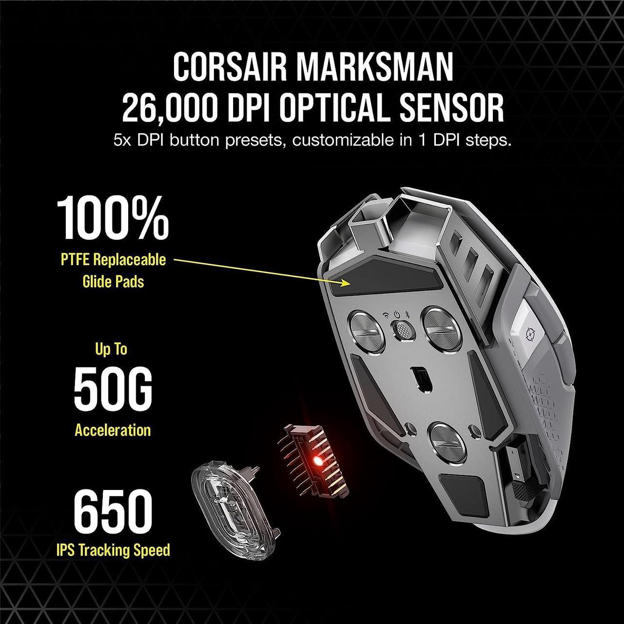 Alt view image 4 of 8 - CORSAIR M65 RGB ULTRA WIRELESS Gaming Mouse, Backlit RGB LED, Optical, Tunable FPS, White (CH-9319511-NA2)