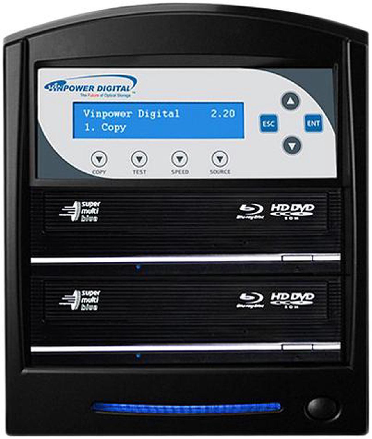 Main image of VINPOWER Black 1 to 2 16X DVD+R 8X DVD+RW 8X DVD+R DL 16X DVD-R 6X DVD-RW 48X CD-R 24X CD-RW SharkBlu Blu-ray DVD CD Duplicator Tower with 500GB Hard Drive + USB 3.0 + CopyConnect Model SharkBlu-S2T-BK