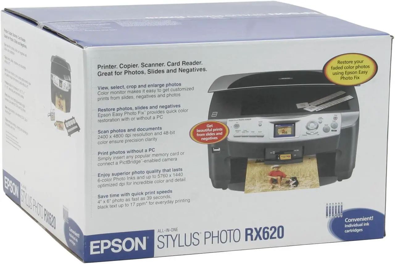 Alt view image 12 of 12 - EPSON Stylus Photo RX620 C11C586001 17 ppm Black Print Speed Up to 5760 x 1440dpi Color Print Quality USB InkJet MFC / All-In-One Color Printer
