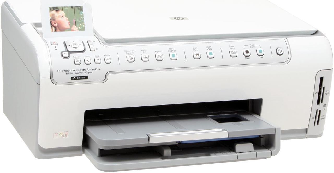 Main image of HP Photosmart C5180 Q8220A Up to 32 ppm Black Print Speed 4800 x 1200 dpi Color Print Quality Ethernet (RJ-45) / USB InkJet MFC / All-In-One Color Printer