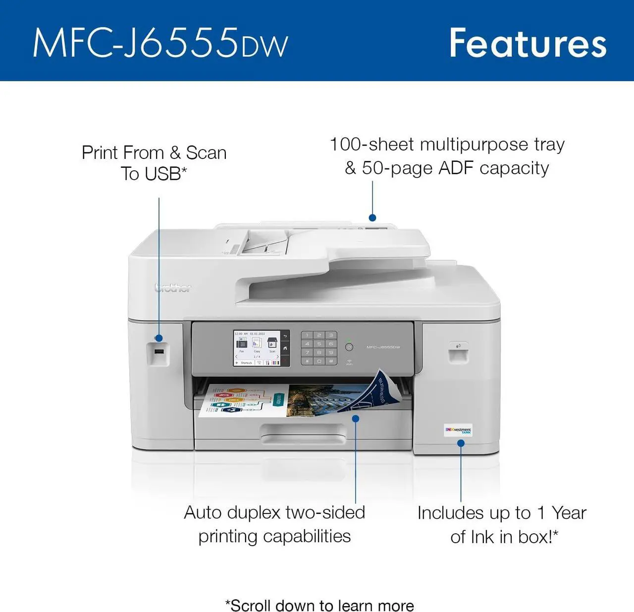 Alt view image 3 of 5 - Brother MFC-J6555DW INKvestment Tank Color Inkjet All-In-One Printer with up to 1 Year of Ink In-box1 and 11” x 17” print, copy, scan, and fax capabilities