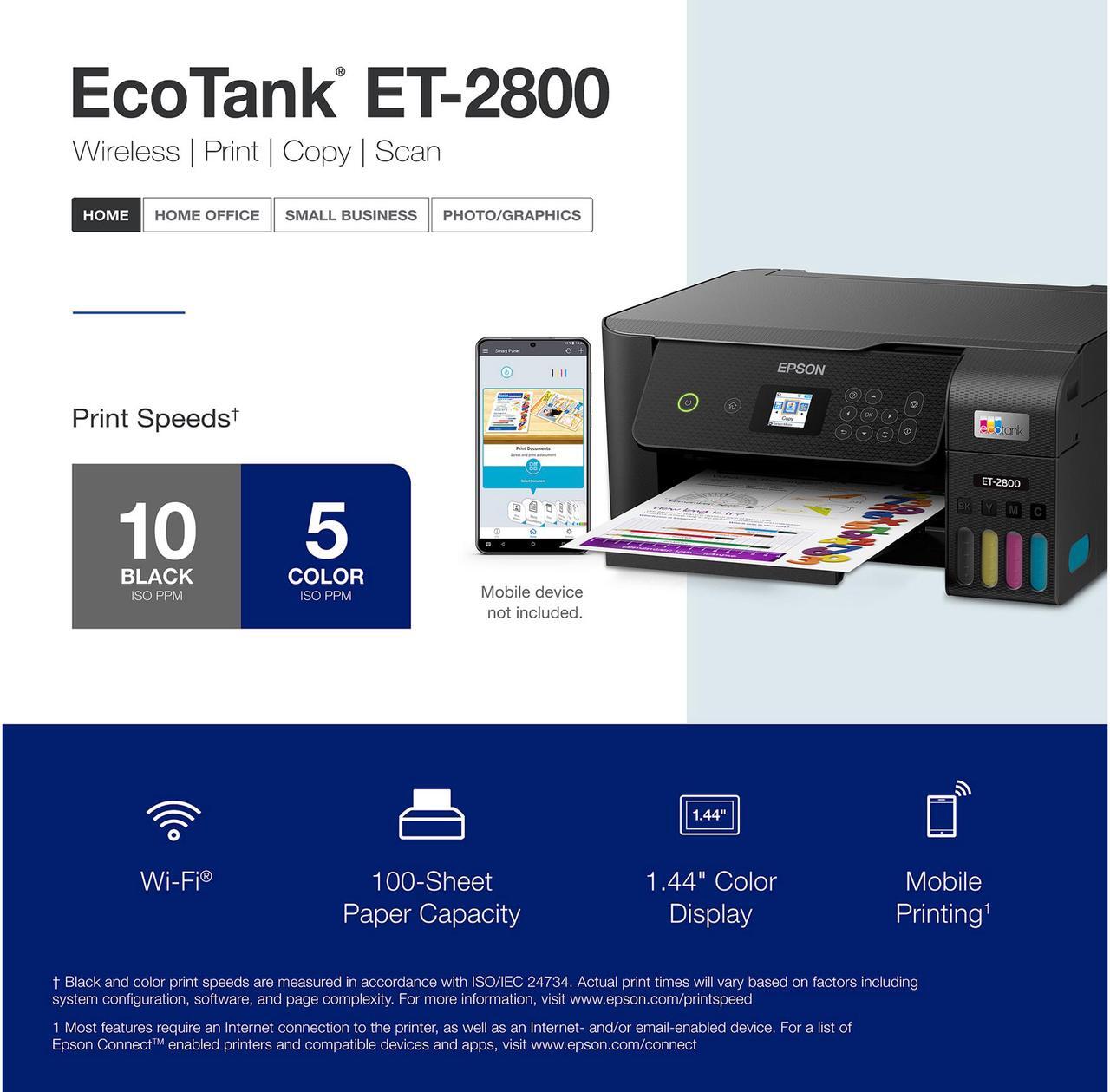 Alt view image 3 of 8 - Epson EcoTank® ET-2800 AIO Black Printer Home Office