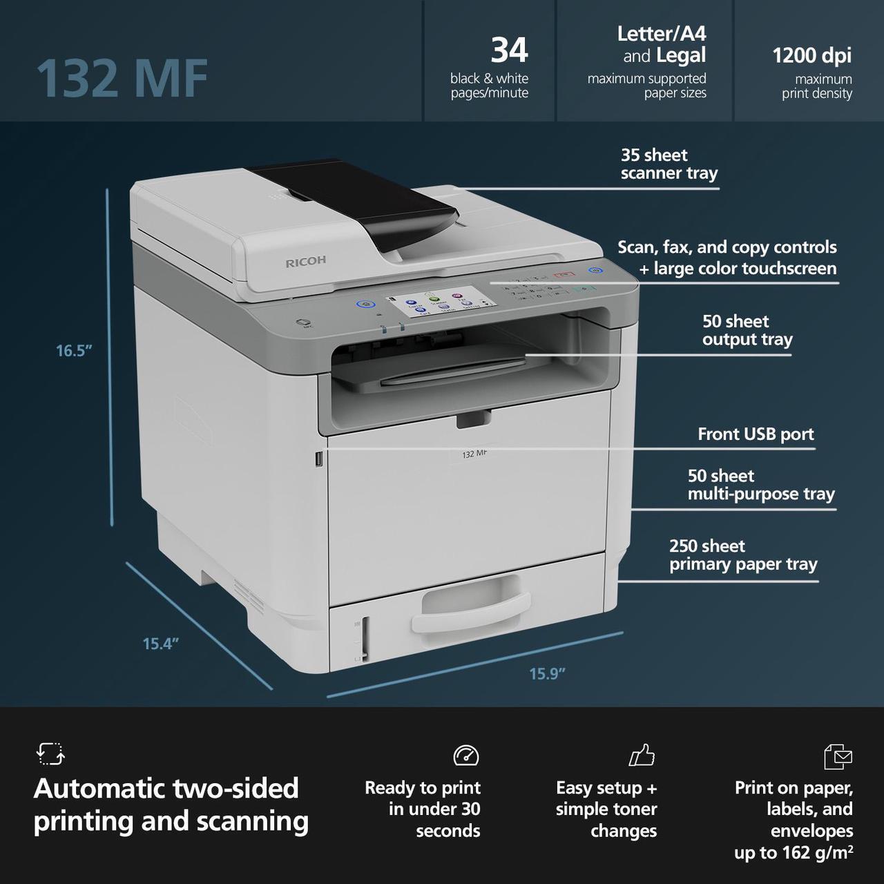 Alt view image 12 of 13 - RICOH 132 MF Black and White Multifunction Laser Printer