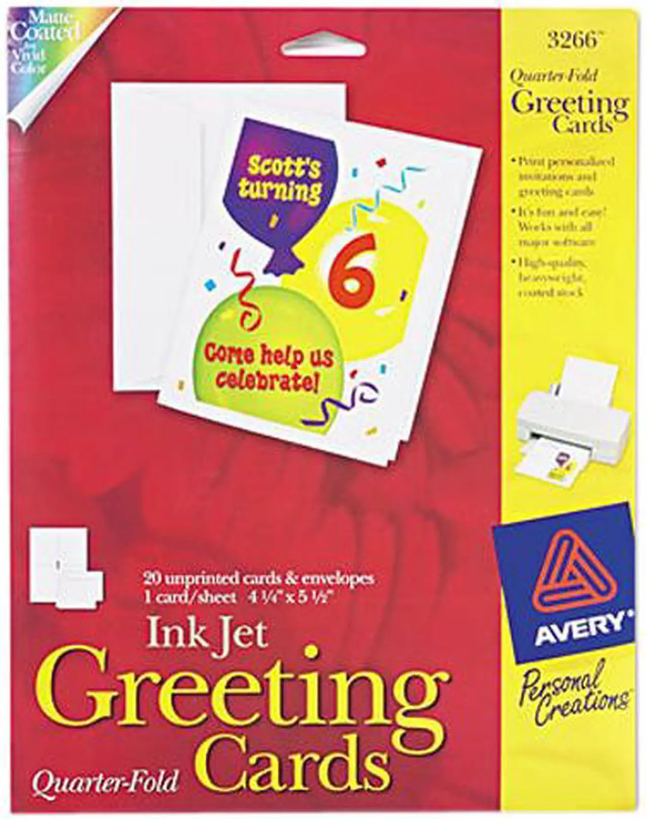 Main image of Avery Quarter-Fold Greeting Cards, Matte, 4-1/4" x 5-1/2", 20 Cards (3266)