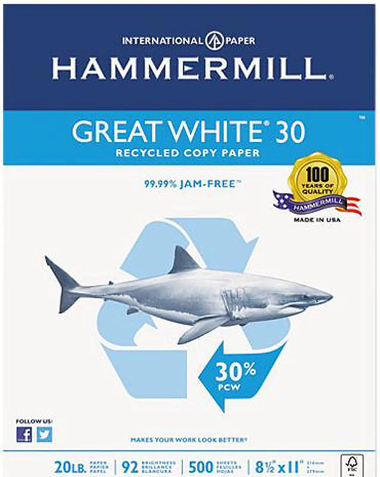 Main image of Hammermill 86700 Great White Recycled Copy Paper, 92 Brightness, 20lb, 8-1/2 x 11, 5000 Shts/Ctn