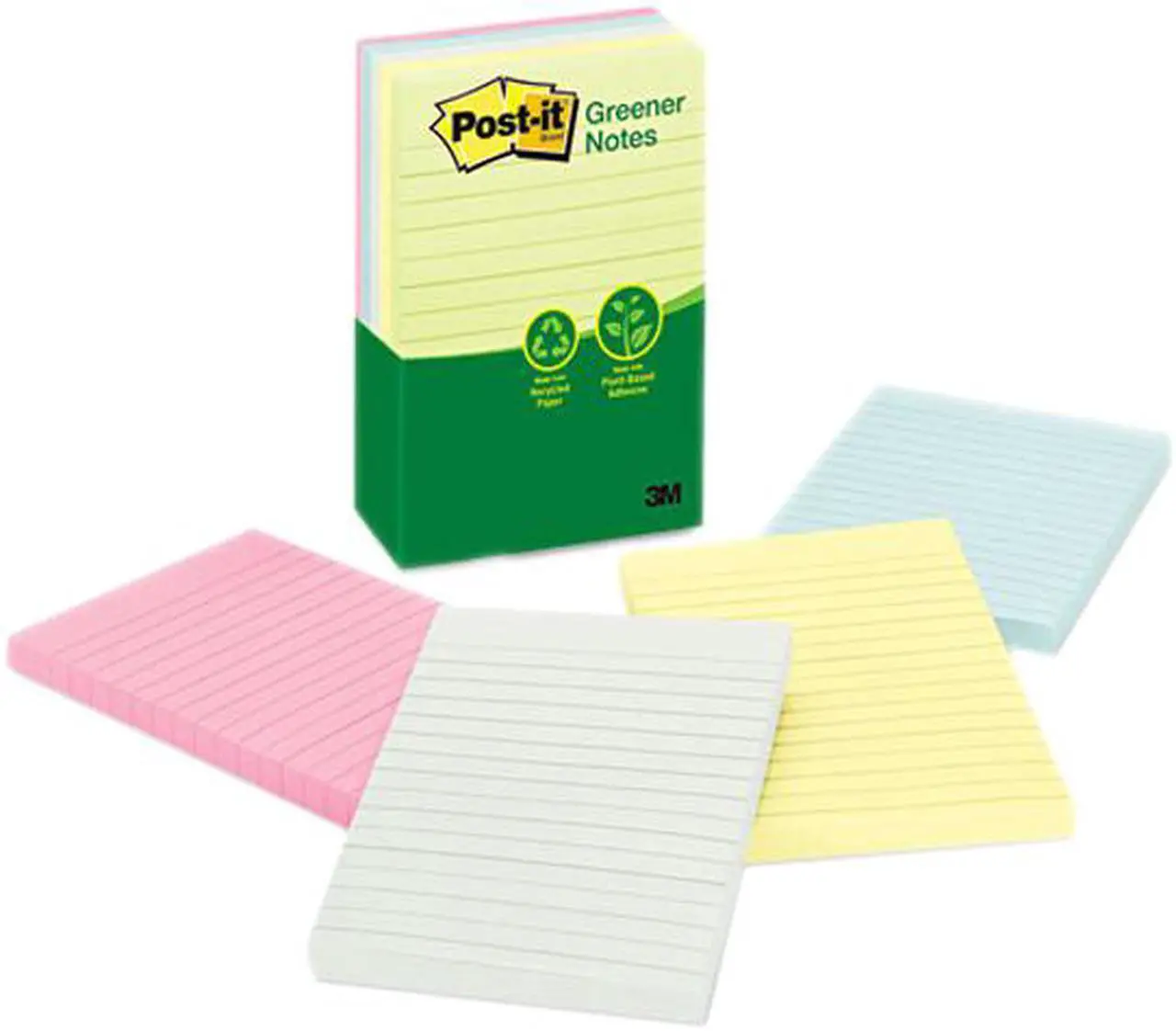 Main image of Post-it Greener Notes 660-RP-A Recycled Notes, 4 x 6, Lined, Four Pastel Colors, 5 100-Sheet Pads/Pack