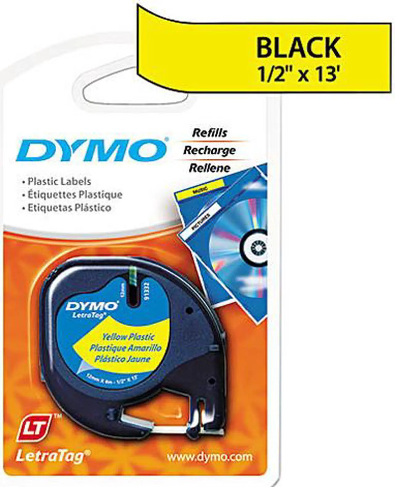 Main image of Dymo LetraTag 91332 Polyester Tape 0.50" Width x 13 ft Length - 1 Each - Polyester - Direct Thermal - Yellow