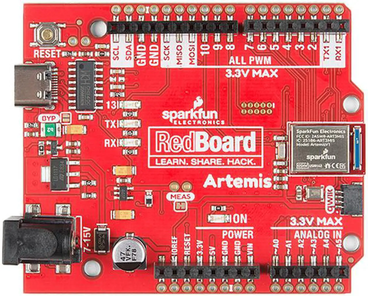 Main image of SparkFun RedBoard Artemis Machine Learning Development Board Includes BLE One Megabyte of Flash USB-C Connector Qwiic I2C MEMS Microphone Program with Arduino IDE Run TenserFlow Models R3 Footprint
