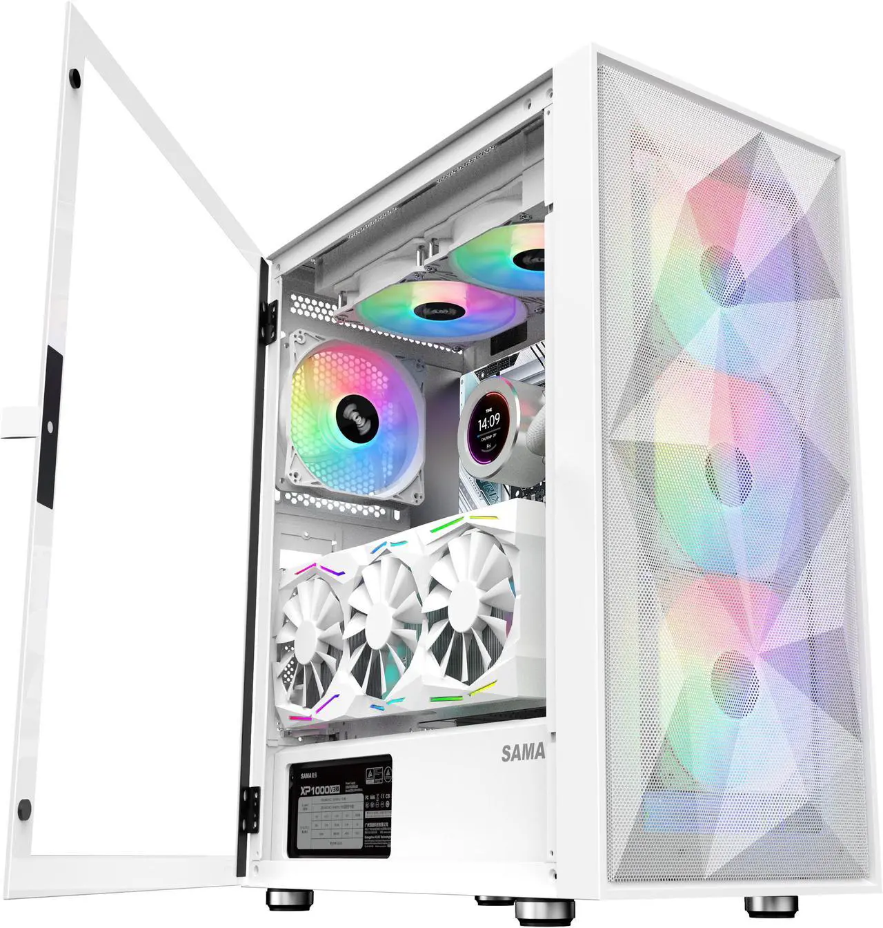 Main image of SAMA 3509 White Tempered Glass Open Door Gaming ATX Computer PC Case Mid Tower Black with 4 Addressable RGB Fans Pre-installed