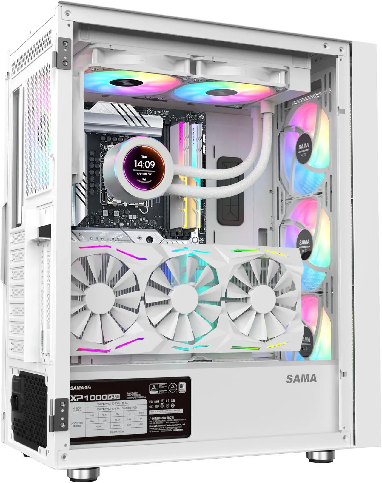Alt view image 4 of 9 - SAMA 3509 White Tempered Glass Open Door Gaming ATX Computer PC Case Mid Tower Black with 4 Addressable RGB Fans Pre-installed