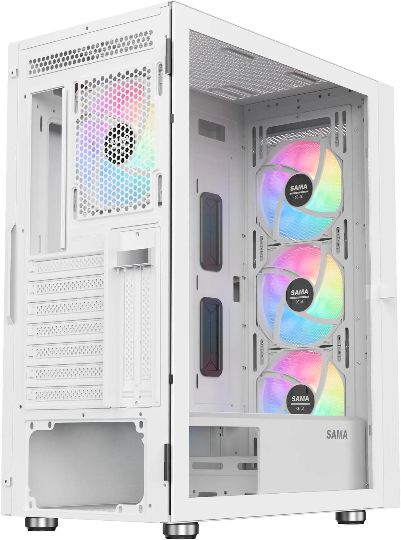 Alt view image 6 of 9 - SAMA 3509 White Tempered Glass Open Door Gaming ATX Computer PC Case Mid Tower Black with 4 Addressable RGB Fans Pre-installed