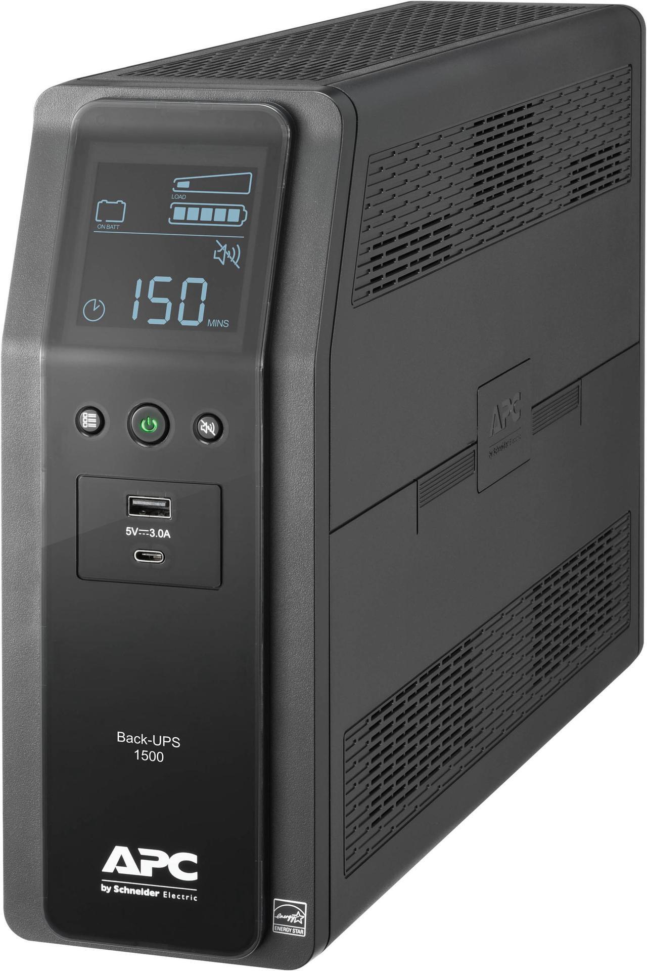 Main image of APC BN1500M2 Back-UPS Pro, 1500VA, Tower, 120V, 10 NEMA 5-15R outlets, LCD, 1 USB Type C + 1 USB Type A ports - External - 16 Hour Recharge - 3.10 Minute Stand-by - 120 V Input - 120 V AC Output