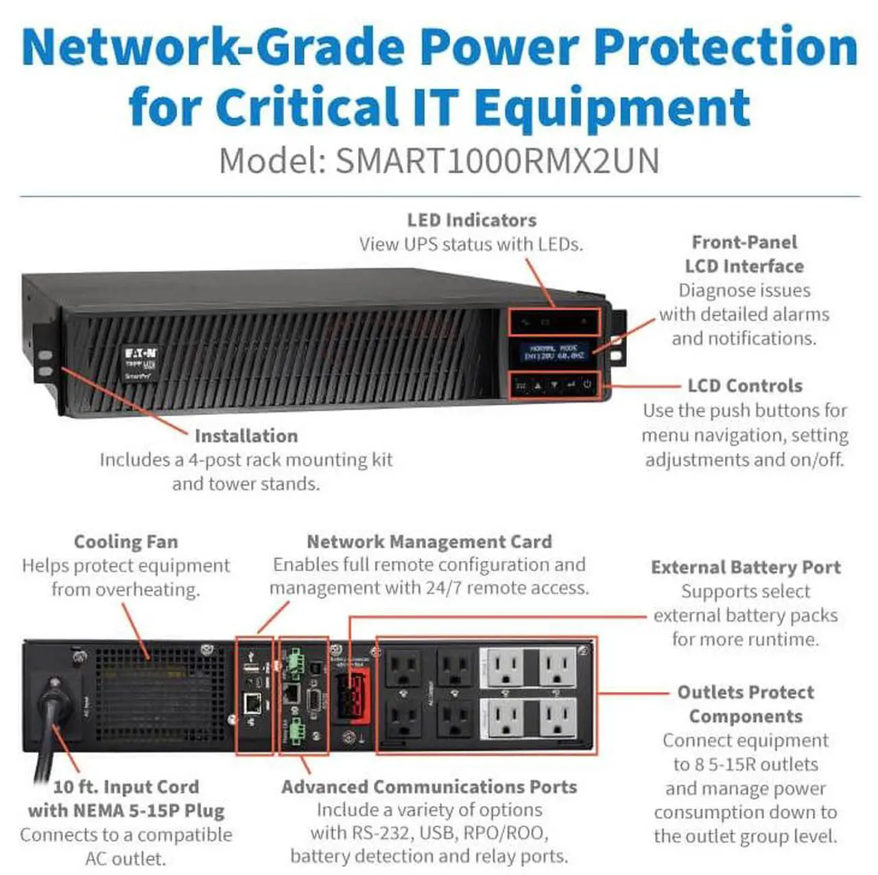 Alt view image 11 of 10 - Tripp Lite series SmartPro 1000VA 1000W 120V Line-Interactive Sine Wave UPS - 8 Outlets, Extended Run, Network Card Included, LCD, USB, DB9, 2U Rack/Tower (SMART1000RMX2UN)