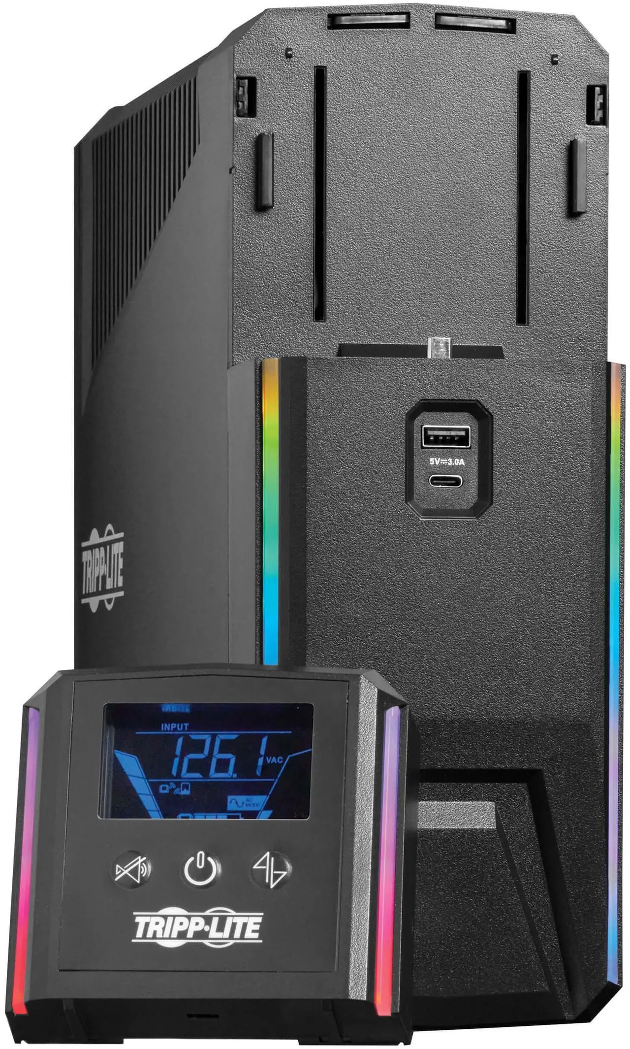 Alt view image 4 of 7 - Tripp Lite UPS 1000VA 600W 120V Pure Sine Wave Gaming UPS Battery Backup - LCD, AVR, RGB LEDs, USB Charging, Power Saving - Tower - AVR - 7 Hour Recharge - 2 Minute Stand-by - 120 V AC Input - 120 V A