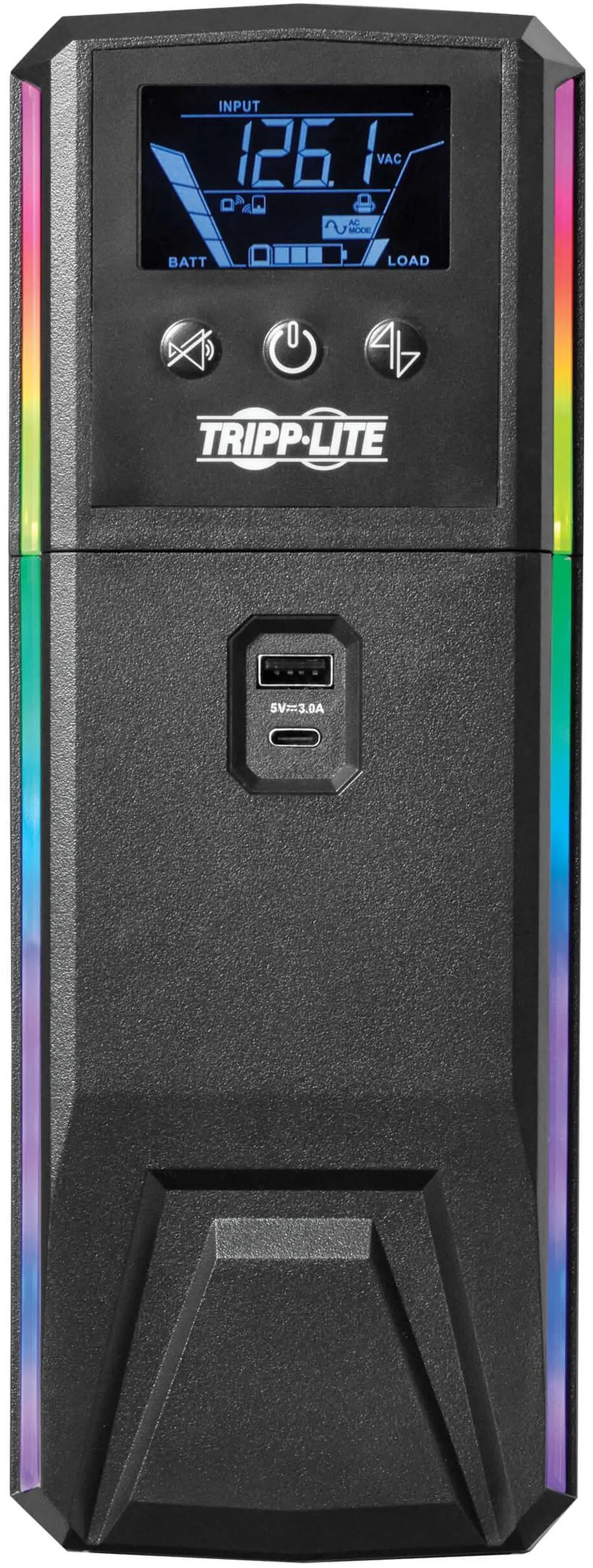 Alt view image 6 of 7 - Tripp Lite UPS 1000VA 600W 120V Pure Sine Wave Gaming UPS Battery Backup - LCD, AVR, RGB LEDs, USB Charging, Power Saving - Tower - AVR - 7 Hour Recharge - 2 Minute Stand-by - 120 V AC Input - 120 V A