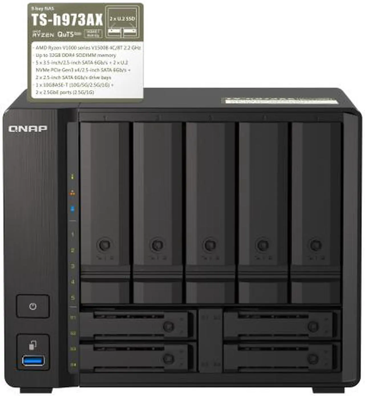 Alt view image 4 of 4 - Qnap TS-h973AX-32G-US 9-bay Desktop NAS, AMD Ryzen V1500B 4C 8T 2.2GHz, 32GB DDR4 SODIMM