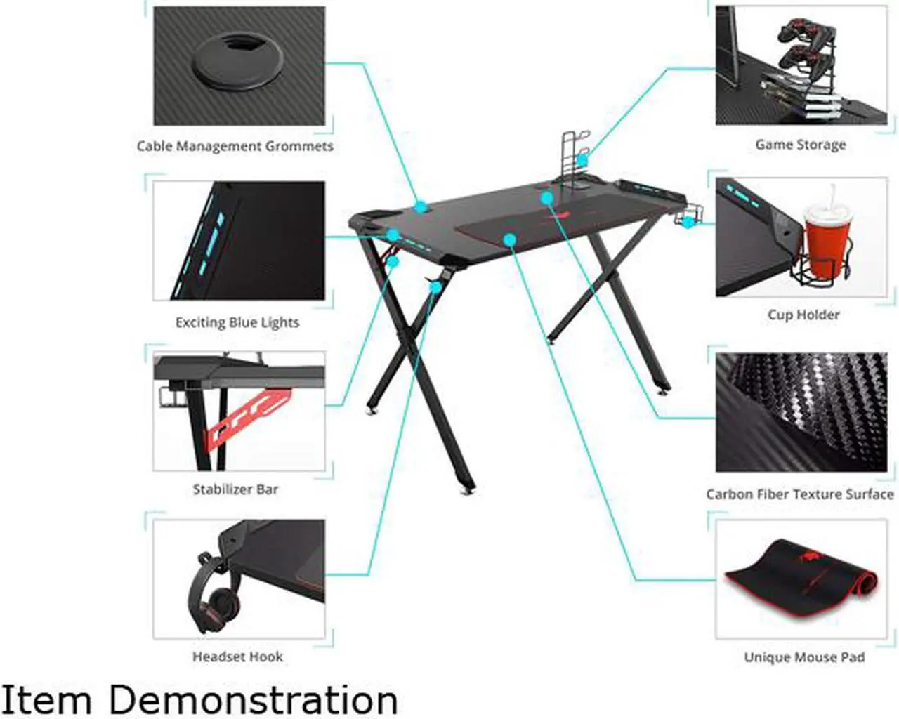 Alt view image 4 of 7 - Eureka Ergonomic X1-S Gaming Computer Desk with Led Lights, Large Carbon Fiber Surface Cup Holder and Headphone Hook - Black