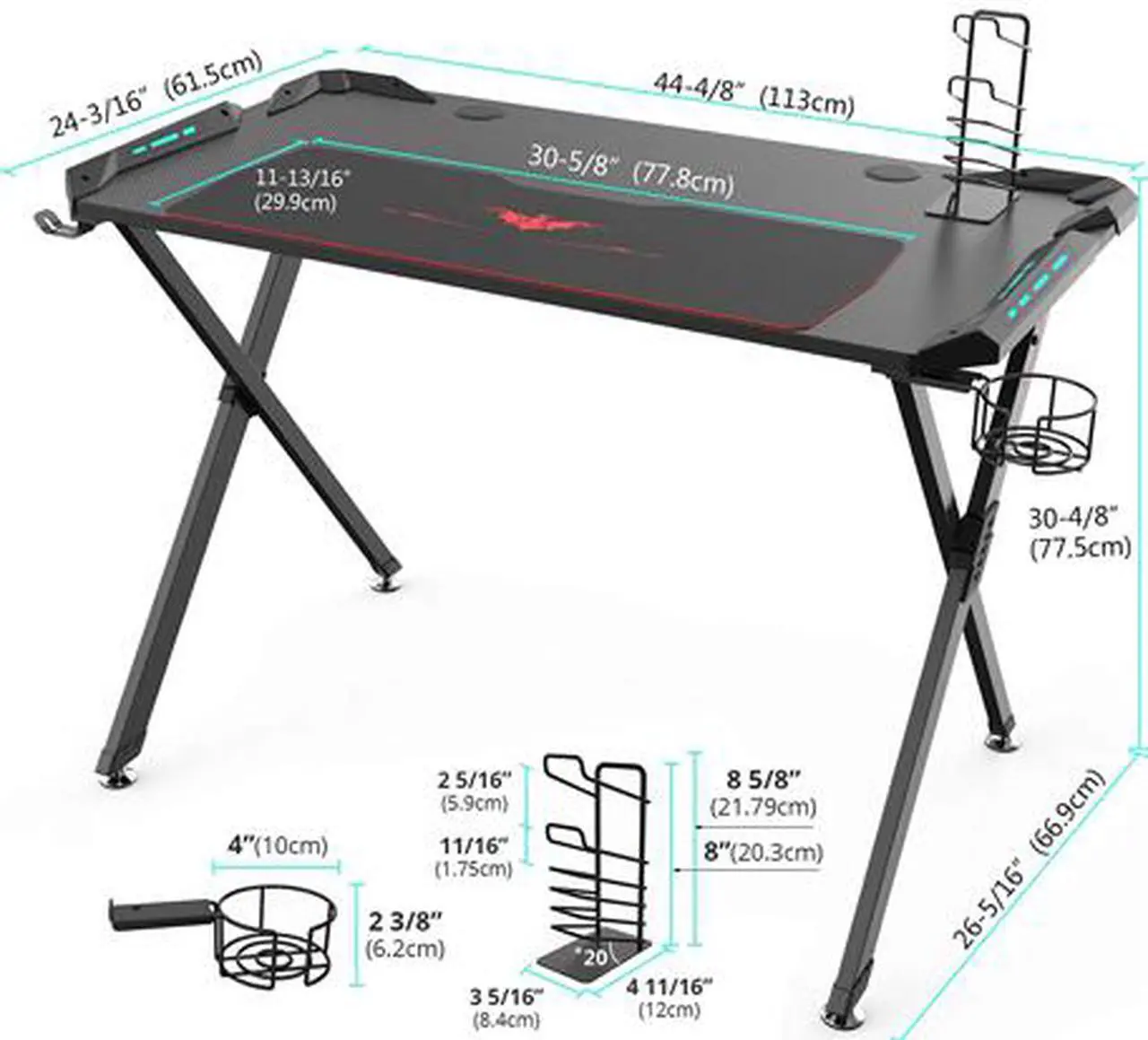 Alt view image 2 of 7 - Eureka Ergonomic X1-S Gaming Computer Desk with Led Lights, Large Carbon Fiber Surface Cup Holder and Headphone Hook - Black