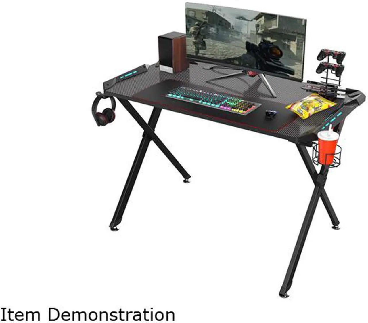 Alt view image 5 of 7 - Eureka Ergonomic X1-S Gaming Computer Desk with Led Lights, Large Carbon Fiber Surface Cup Holder and Headphone Hook - Black