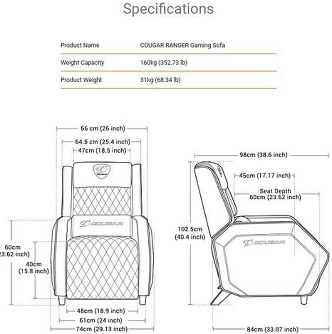 Alt view image 6 of 6 - Cougar Ranger Gaming Sofa Recliner Chair with Premium Breathable PVC Leather