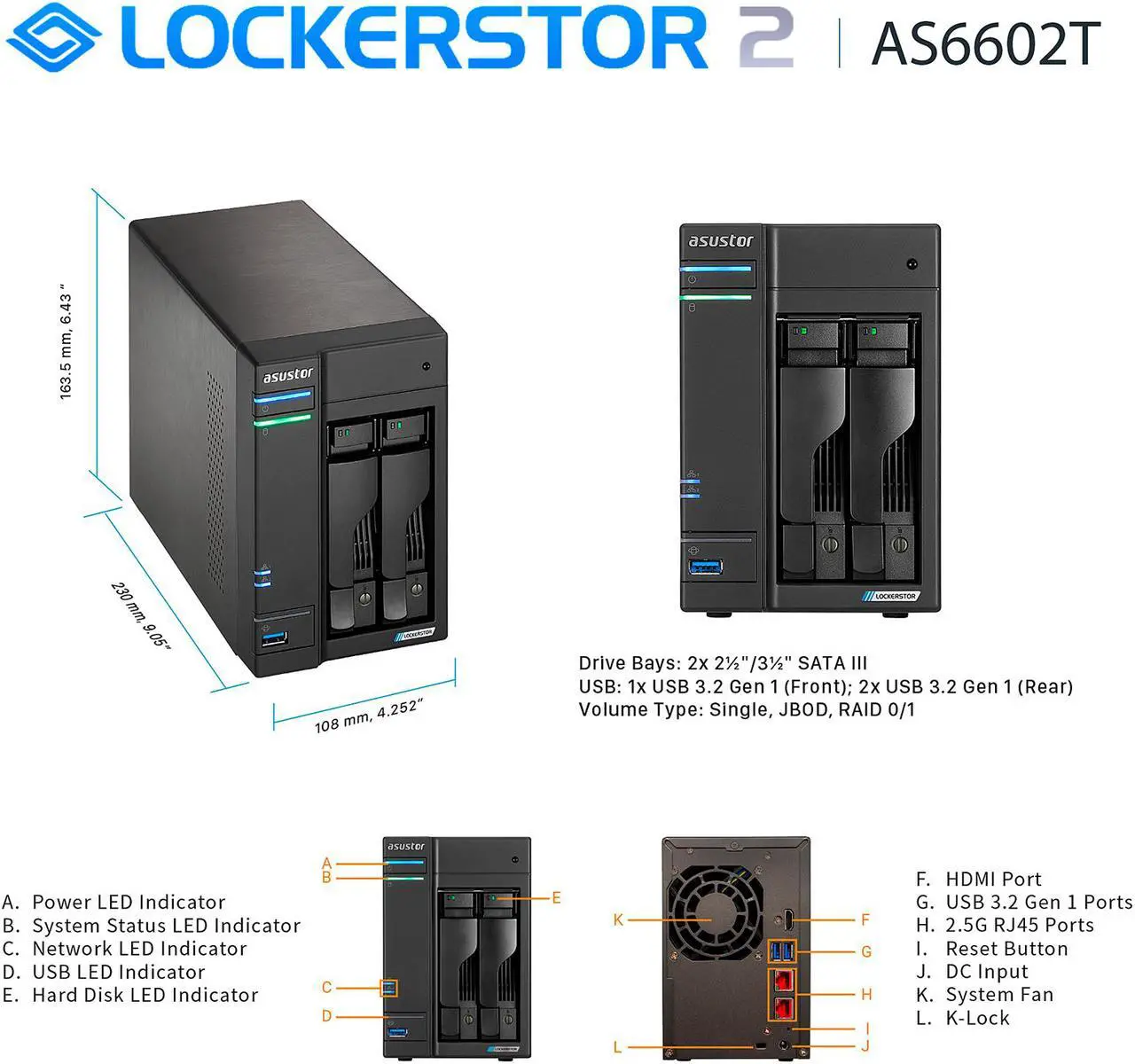 Alt view image 3 of 6 - Asustor AS6602T 2 Bay Lockerstor 2 Desktop NAS (Diskless)