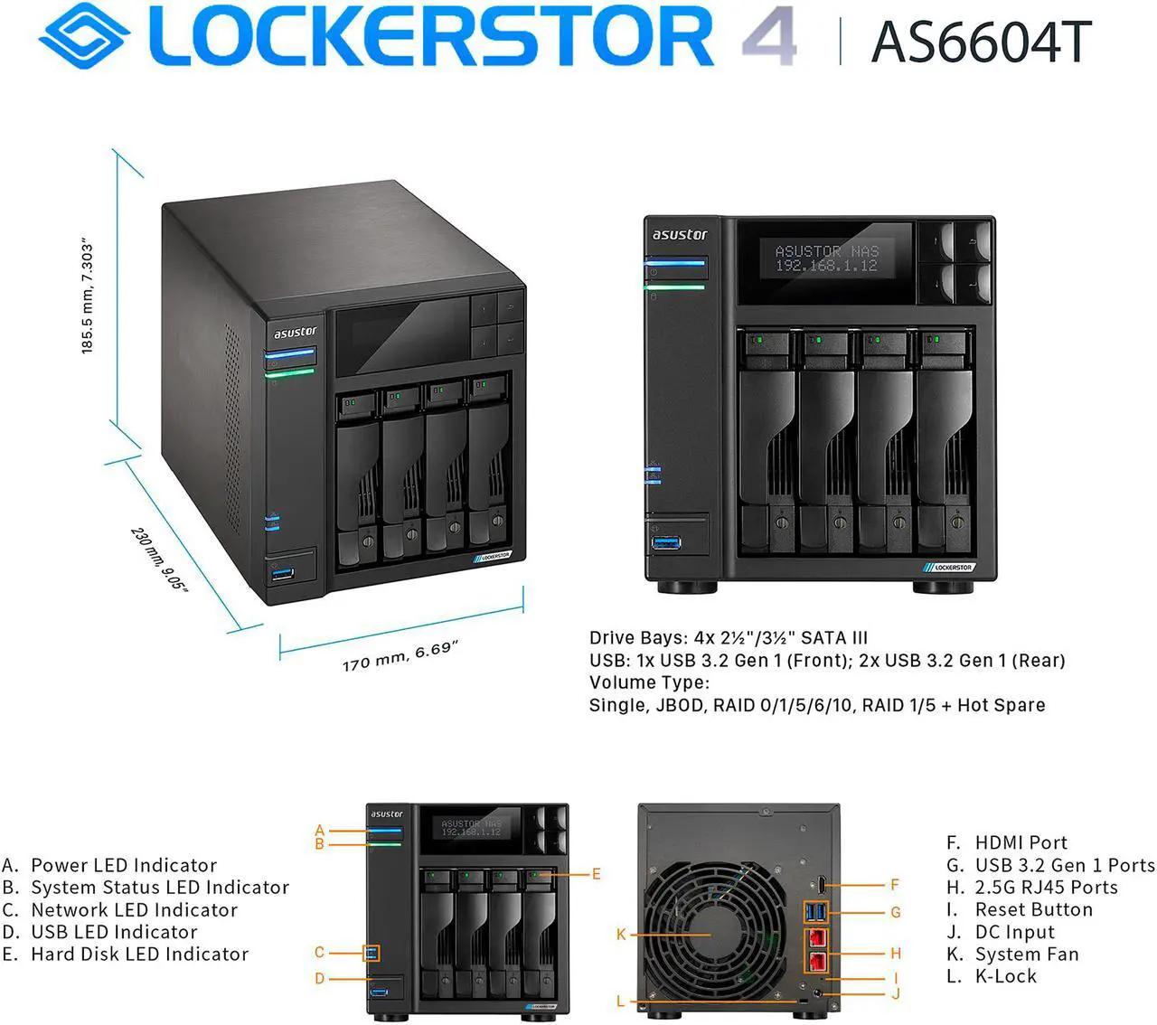 Alt view image 3 of 6 - Asustor AS6604T 4 Bay Lockerstor 4 Desktop NAS (Diskless)