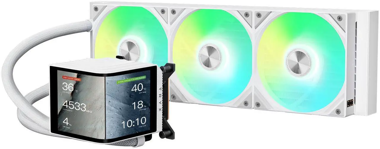 Main image of TRYX PANORAMA 360 ARGB White 360mm AIO 6.5'' AMOLED Curved Screen 3D Anamorphic Effect Customizable AIO Cooler 360mm Asetek 8th Gen V2 320w TDP Magnetic ARGB Fan Intel LGA 1851/1700 AMD AM5/AM4