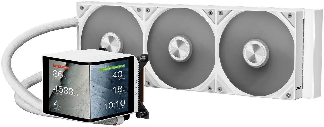 Main image of TRYX PANORAMA 360 White 360mm AIO 6.5'' AMOLED Curved Screen 3D Anamorphic Effect Customizable AIO Cooler 360mm Asetek 8th Gen V2 320w TDP Magnetic Performance Fan Intel LGA 1851/1700 AMD AM5/AM4