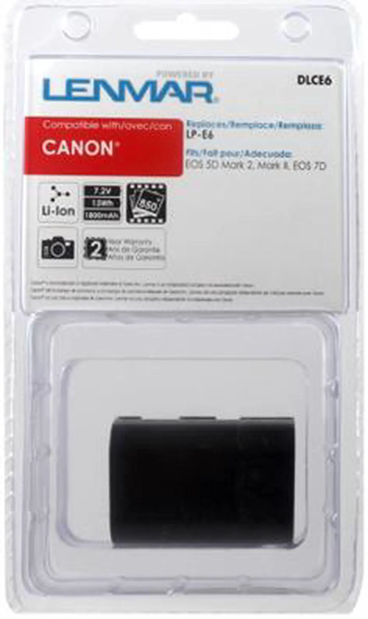 Alt view image 3 of 3 - LENMAR DLCE6 1-Pack 1800mAh Li-Ion LP-E6 Replacement Battery by Lenmar