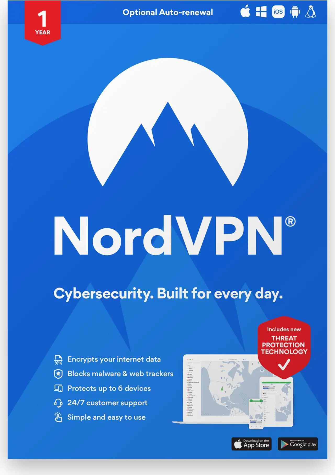 Main image of NordVPN Internet Security and Privacy Software for Windows/MacOS/Android/iOS - 6 Devices - 12 month VPN Subscription - OEM
