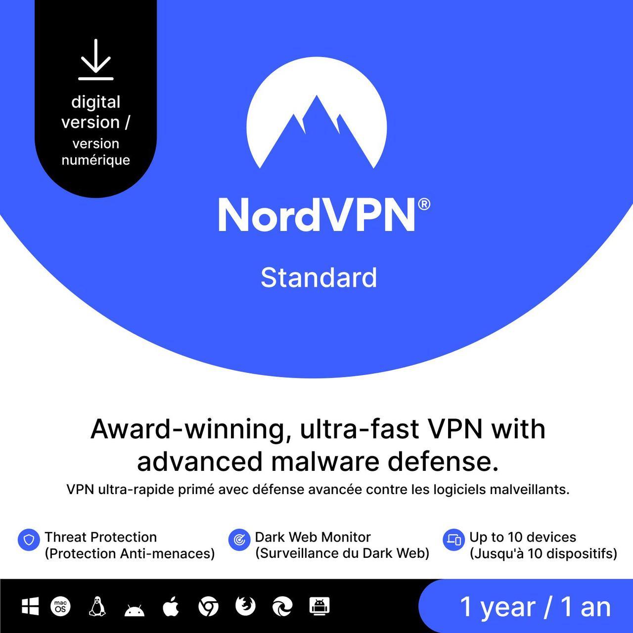 NordVPN Standard - 1-Year VPN & Cybersecurity Software Subscription For 10 Devices