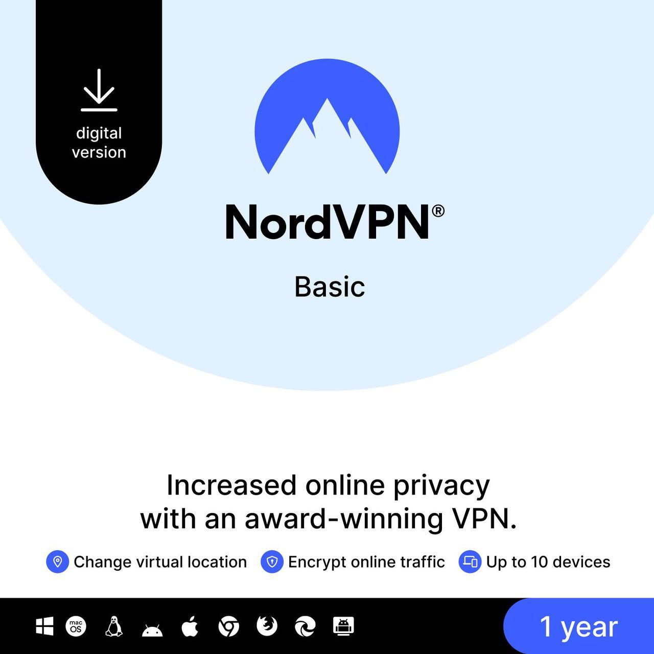 NordVPN Basic VPN Service 1-Year Subscription - 10 Devices