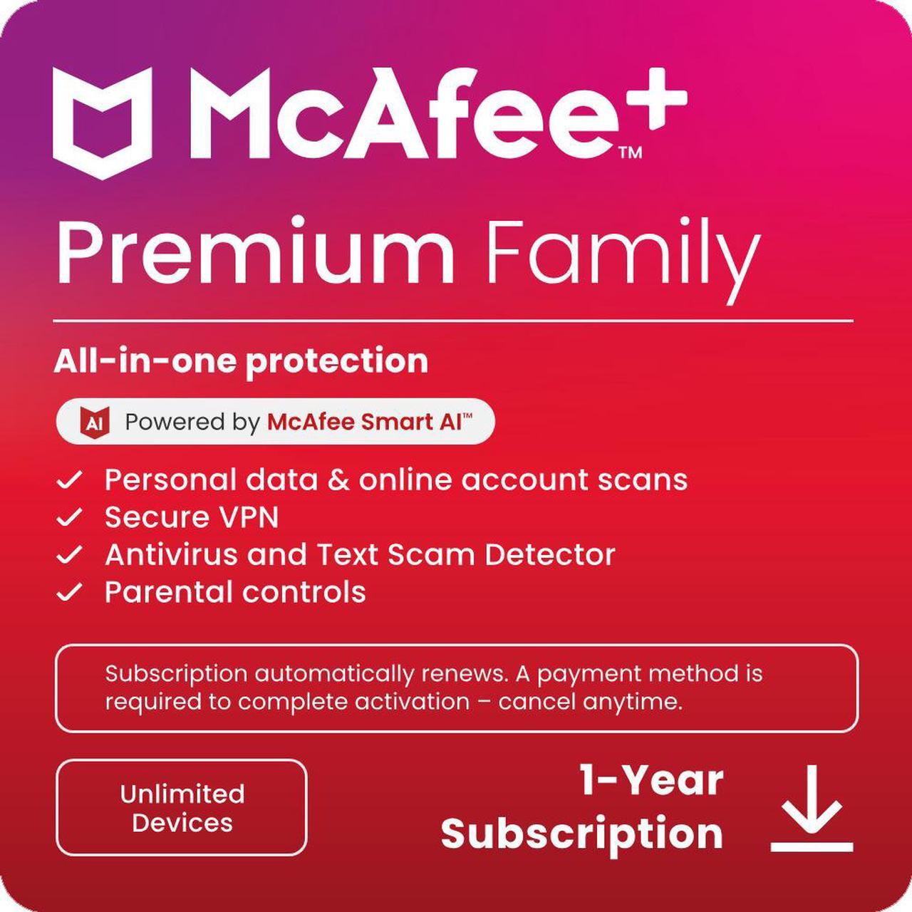 Main image of McAfee+ Premium Family Unlimited Devices 2025 | Cybersecurity Software Includes Antivirus, Scam Protection, Secure VPN, Identity Monitoring |1-Year Subscription with Auto-Renewal |Digital Download
