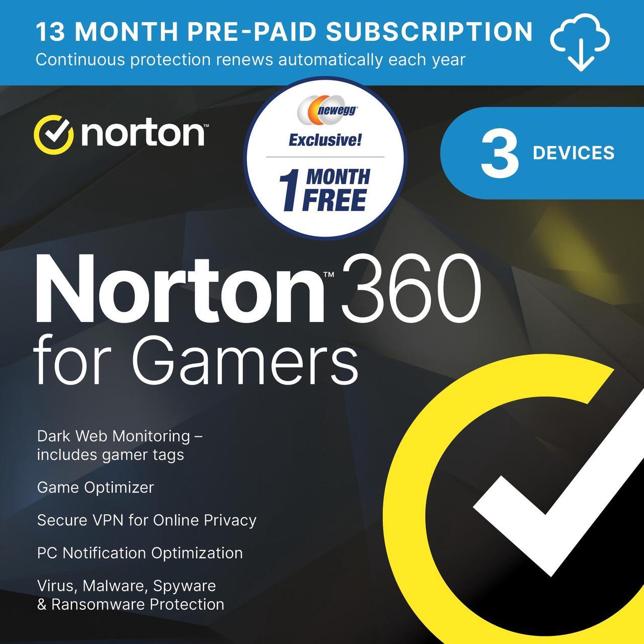 Main image of Norton 360 for Gamers for up to 3 Devices (2024 Ready), 13 Month Subscription with Auto Renewal - NEWEGG EXCLUSIVE, Download