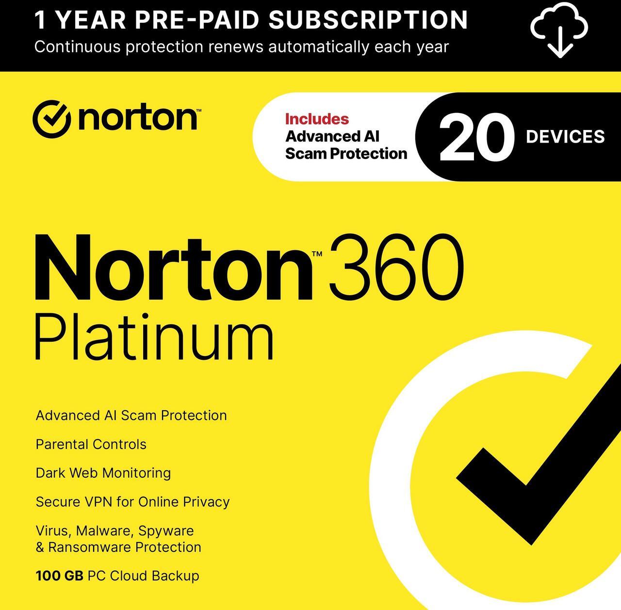 Main image of Norton 360 Platinum 2025, Antivirus software for 20 Devices with Auto-Renewal – Includes Advanced AI Scam Protection, VPN & PC Cloud Backup [Download]